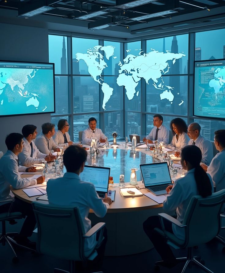 Global policy meeting with world map and international collaboration